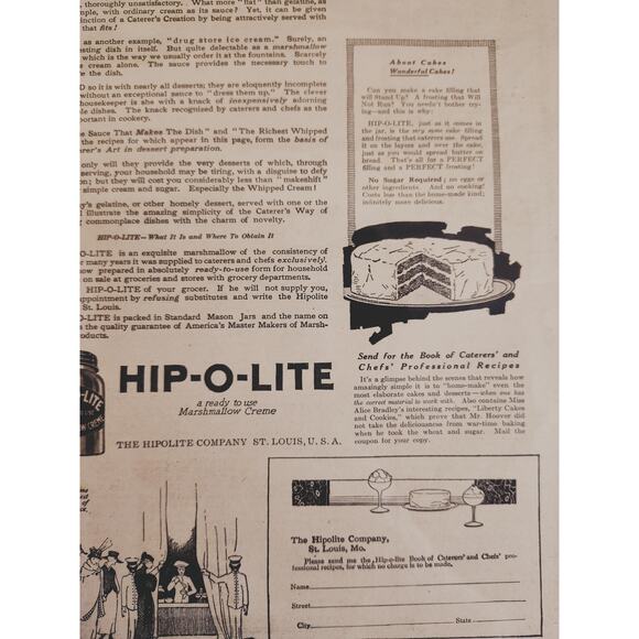 1918 Hip-O-Lite Marshmallow Creme Orig Vtg PRINT AD Add Caterers Touch Dessert - Picture 9 of 14